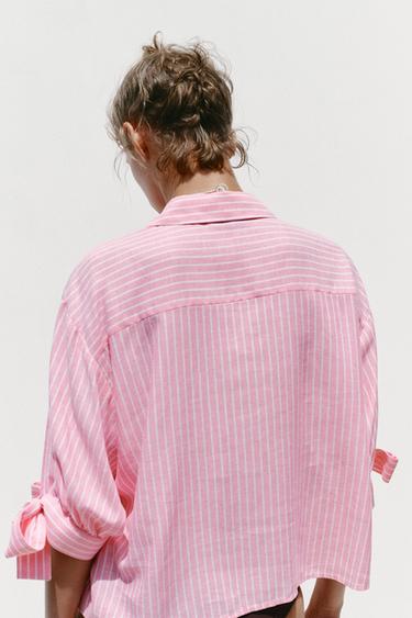 STRIPED LINEN-BLEND SHIRT WITH TIES - Pink / White by Zara - Image 3