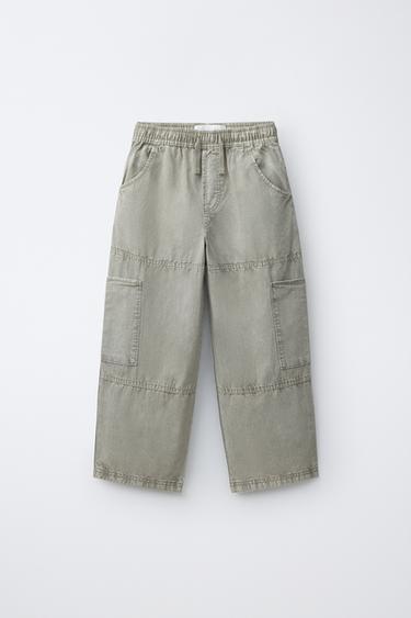 WASHED EFFECT BAGGY TROUSERS WITH COTTON AND LINEN - Taupe grey by Zara