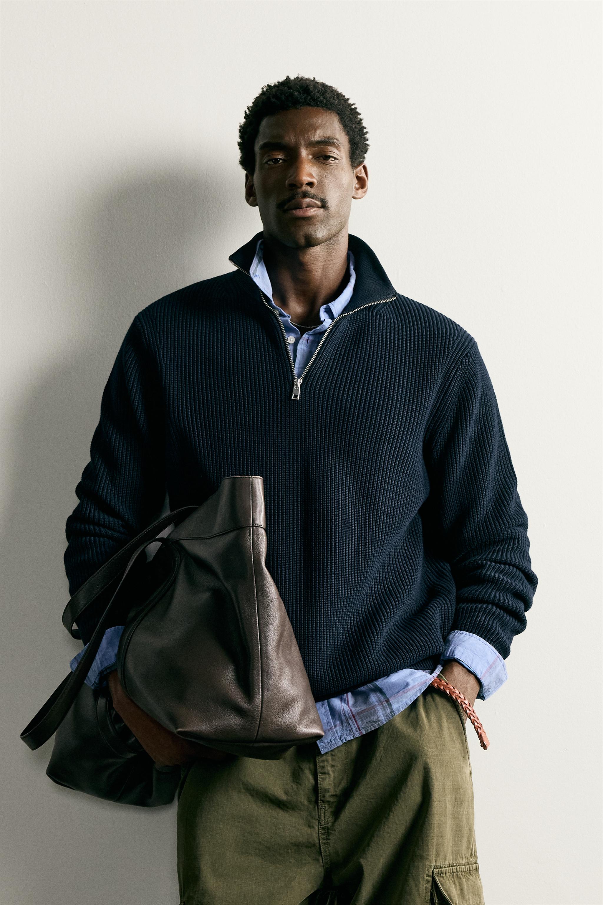 PURL KNIT QUARTER-ZIP SWEATER — Navy blue
