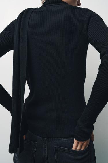 RIB KNIT CARDIGAN WITH SCARF - Black by Zara - Image 2