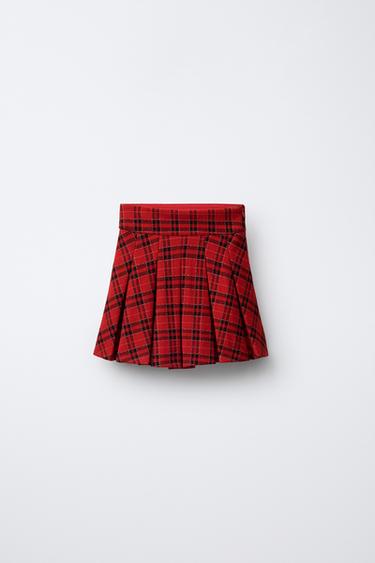 Zara PLAID BOX PLEAT SKIRT - Red