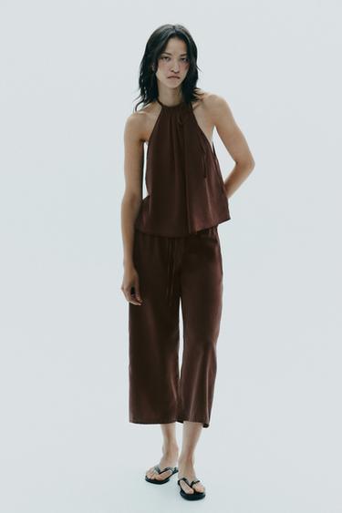 Zara FLOWY HALTER TOP - Brown - Image 0