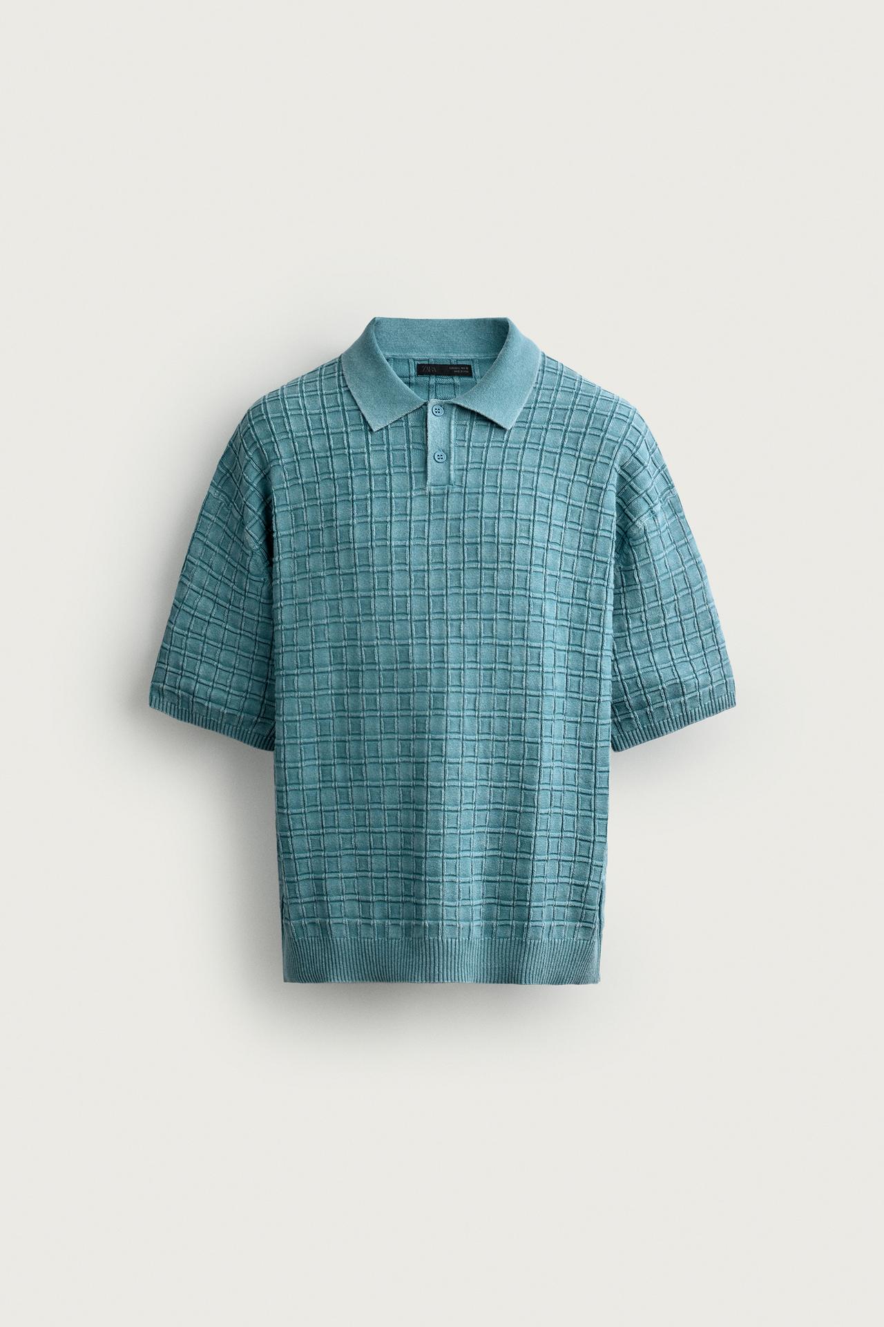 WASHED CHECK KNIT POLO SHIRT — Light blue