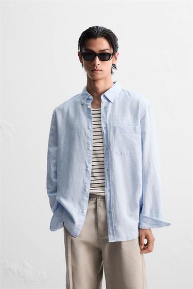 Zara 棉質 - 亞麻襯衫 - 天藍色