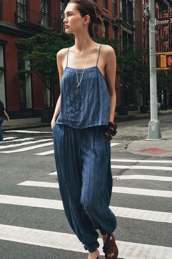 BEADED PANTS WITH TIED HEMS