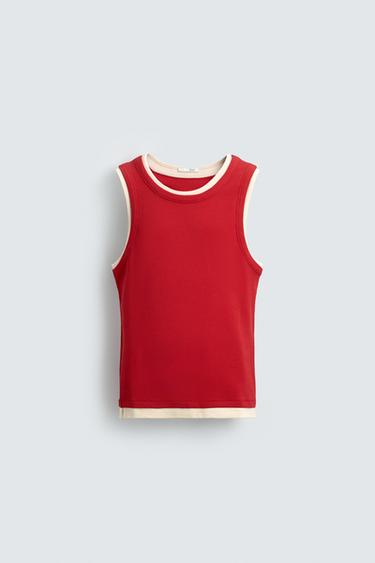 DOUBLE TRIM RIB TANK TOP - White / Red by Zara
