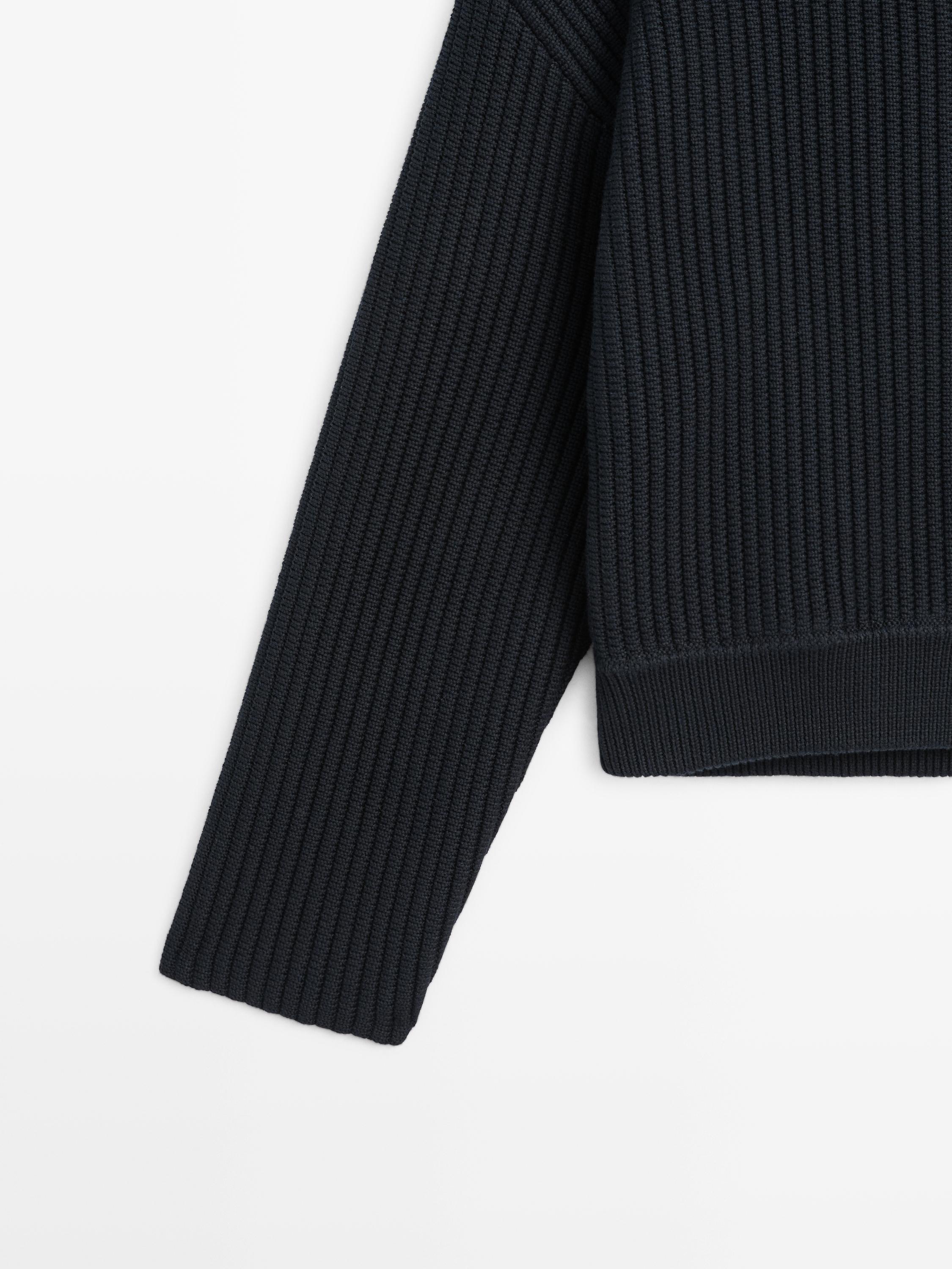 Cotton high neck knit cardigan