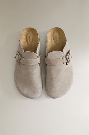 Zara LEATHER MULE CLOG SLIPPERS WITH BUCKLE AND TOPSTITCHING DETAIL - Taupe Gray