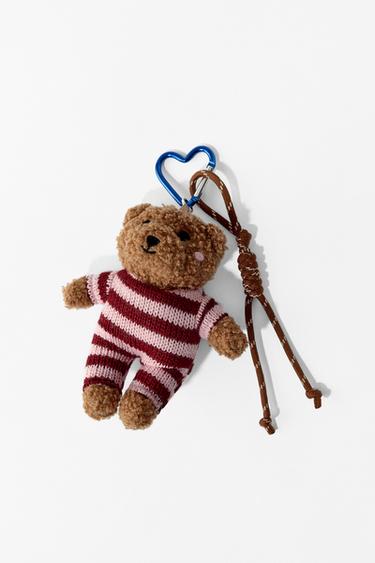 STRIPED TEDDY BEAR CHARM KEY RING - camel by Zara