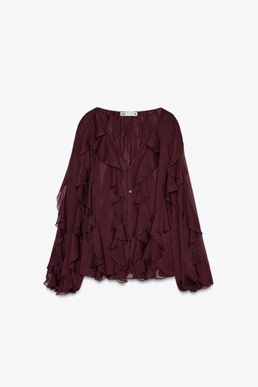 ZW COLLECTION BLOUSE WITH RUFFLES - Burgundy by Zara - Image 4