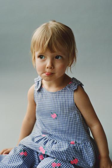 GINGHAM TOP WITH FLORAL EMBROIDERY - Blue by Zara