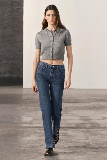 ДЖИНСЫ BOOTCUT С ВЫСОКОЙ ПОСАДКОЙ И СТРАЗАМИ — ZW COLLECTION — СИНИЙ от Zara — изображение 0