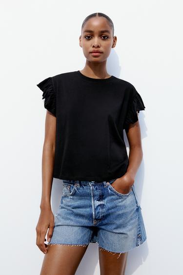 T-SHIRT EN COTON À VOLANTS - Noir de Zara - Image 0
