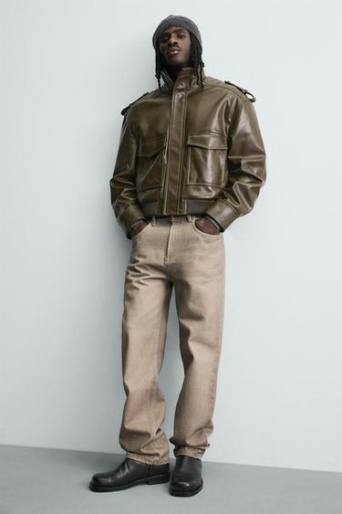 CROPPED FIT FAUX LEATHER JACKET - Olive green by Zara - Image 4