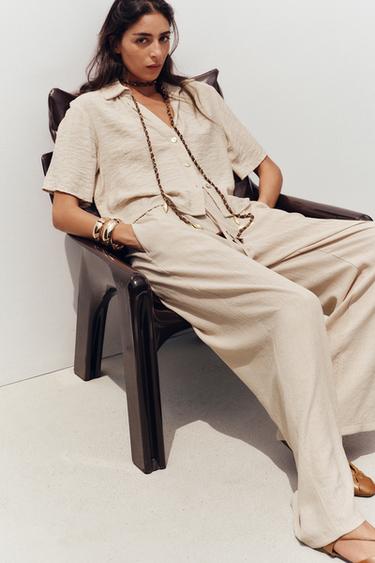 WIDE-LEG TROUSERS WITH ELASTIC WAISTBAND - Sand by Zara