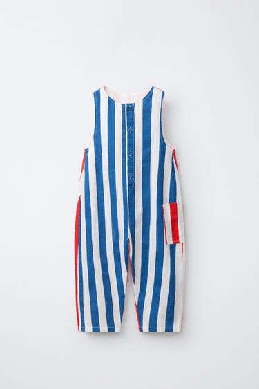 STRIPED COTTON LINEN DUNGAREES - red/navy by Zara
