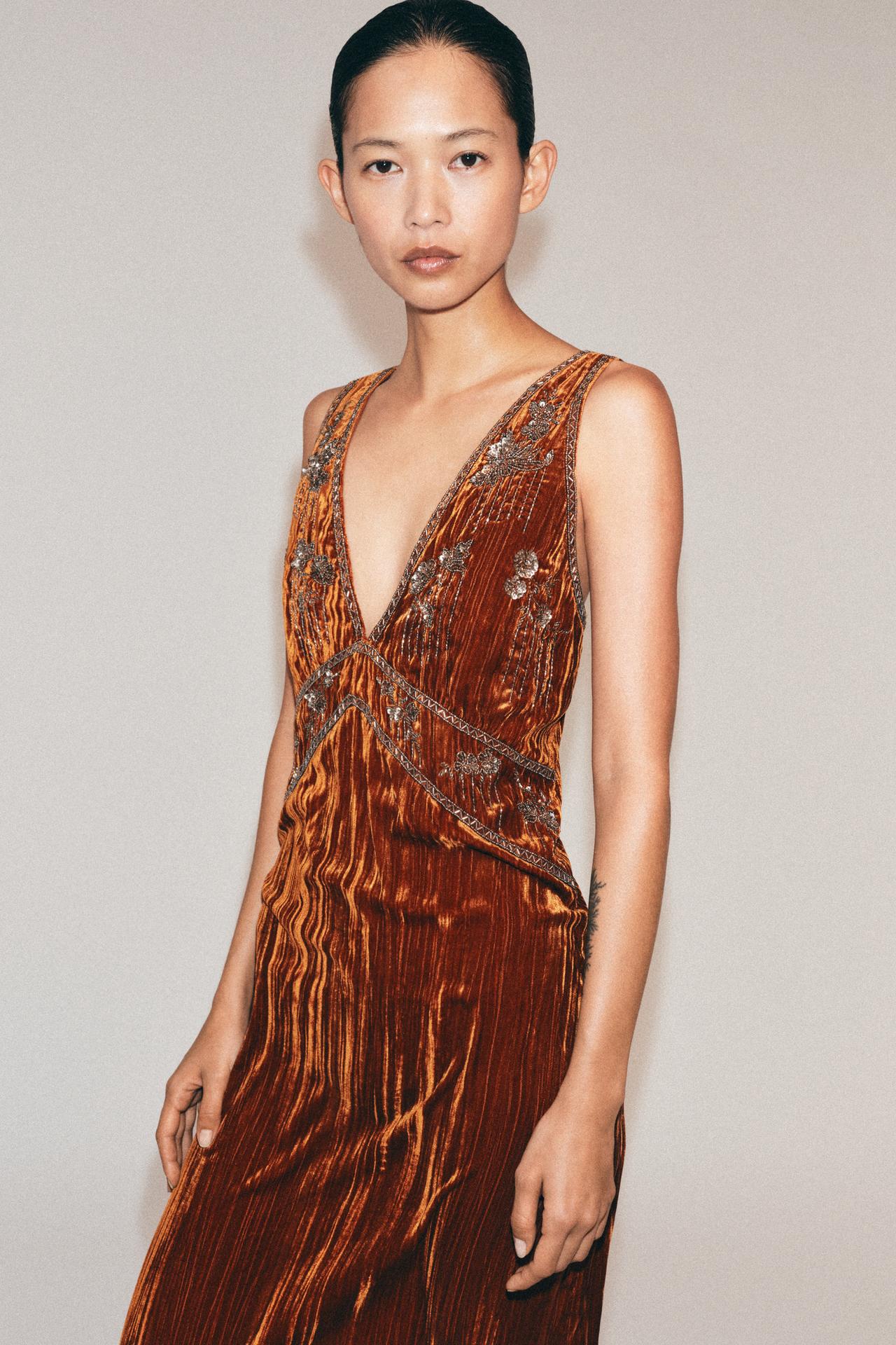 ZW COLLECTION VELVET BEADED DRESS — Orange