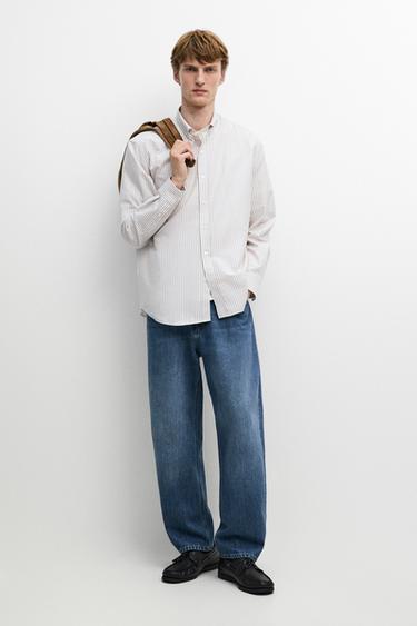Zara 100% cotton regular fit striped shirt - Brown - Image 0