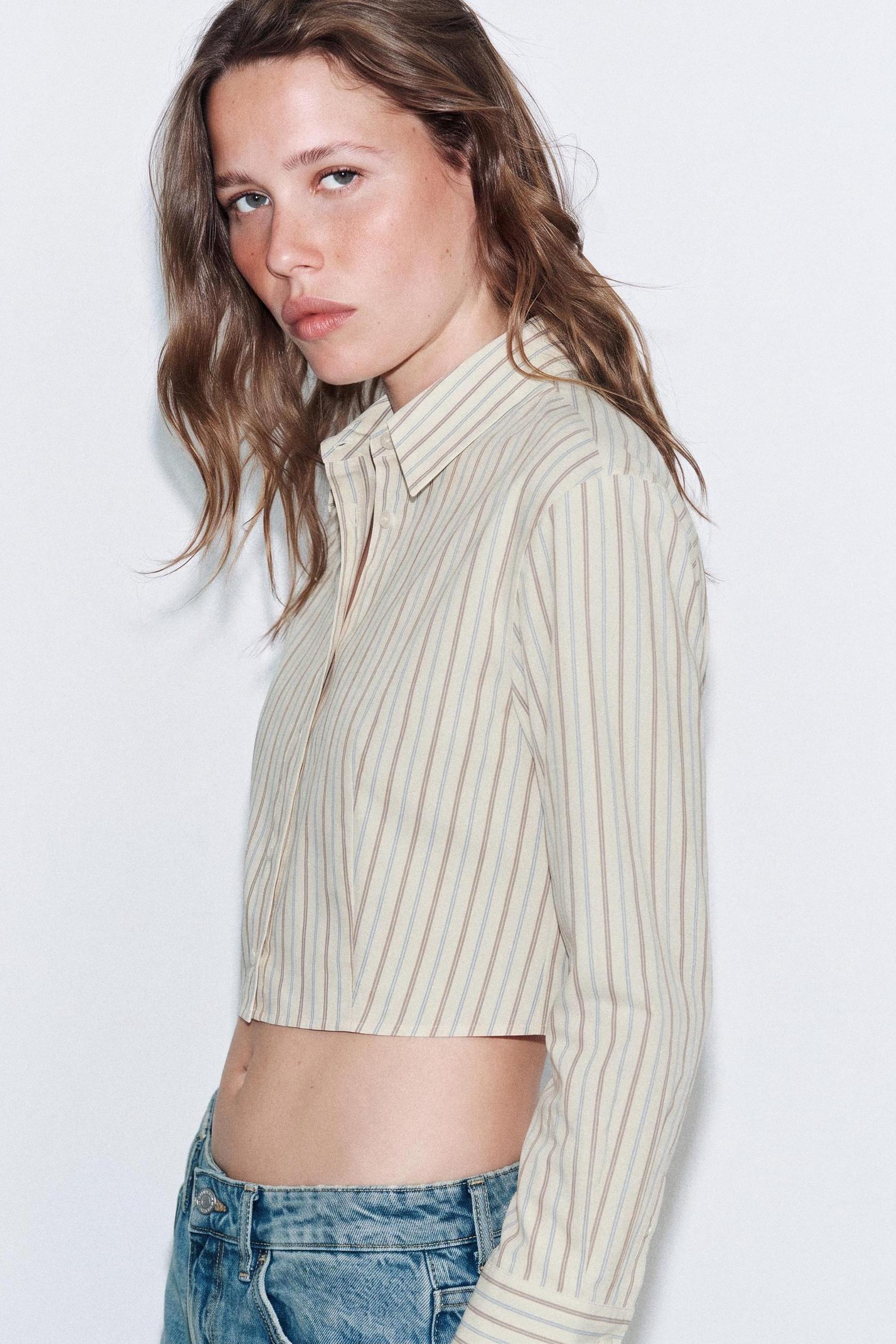 CROPPED POPLIN SHIRT — Brown / White