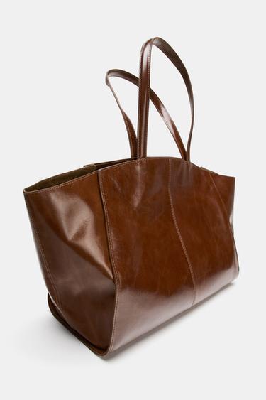 SAC SHOPPER EN CUIR AVEC SURPIQÛRES - Marron foncé de Zara - Image 4