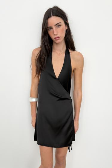 Zara SATIN EFFECT HALTER POLKA DOT DRESS - Black