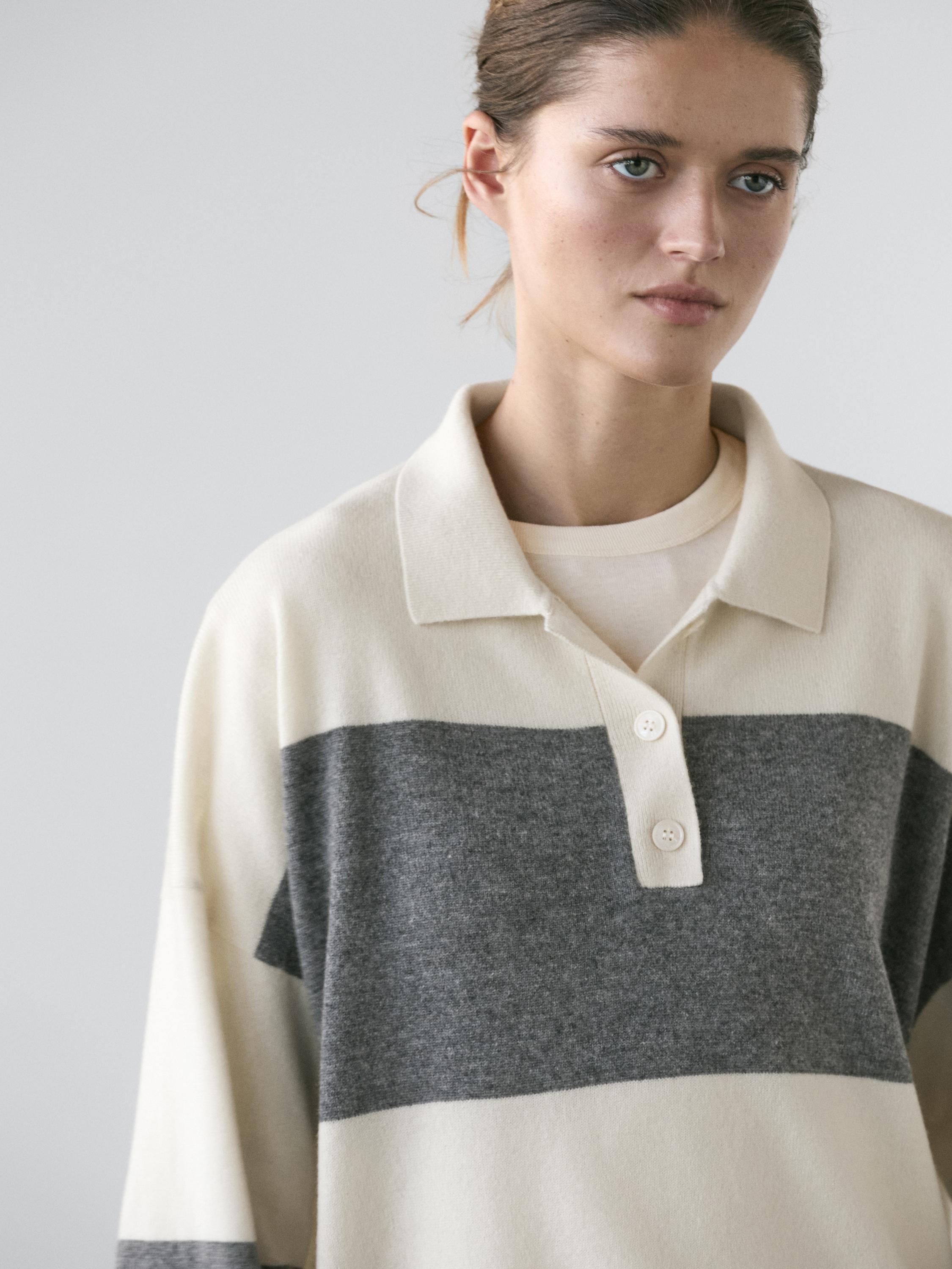 Striped knit sweater with polo collar