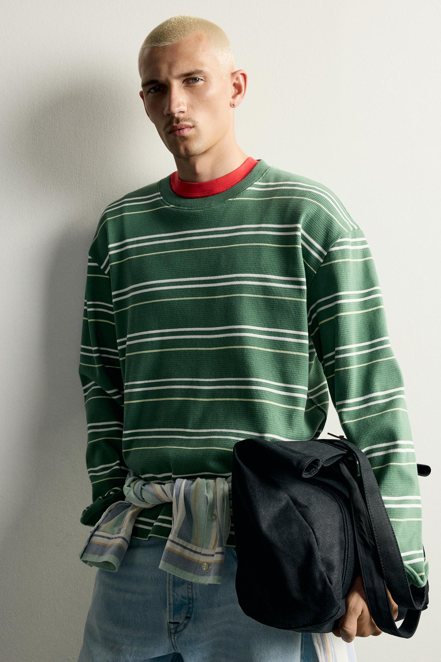 Мужская толстовка Zara Striped Waffle Knit, цвет: Зелёный / Экрю — фото 5