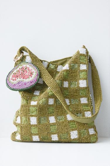 Zara FANTASY BEADED MINI BUCKET BAG - Green