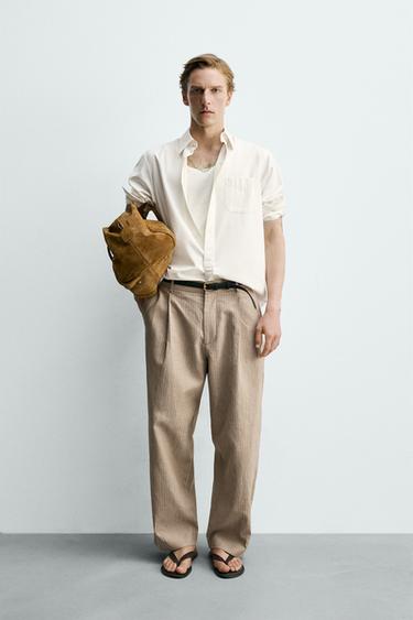 RELAXED FIT LINEN-COTTON TROUSERS - camel by Zara