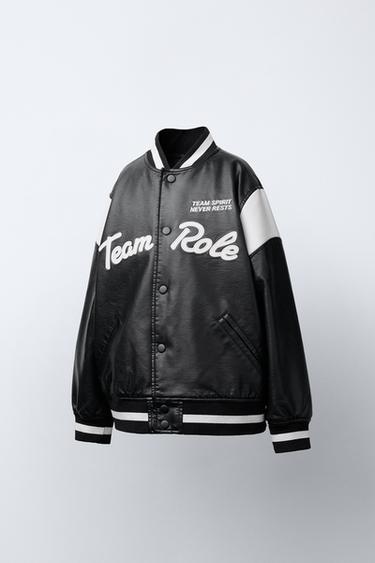 FAUX LEATHER BOMBER JACKET WITH EMBROIDERED TEXT - Black by Zara - Image 1