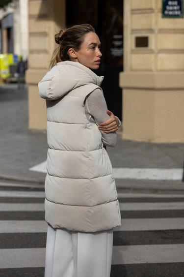 LONG QUILTED GILET WITH HOOD - Ecru by Zara - Image 4