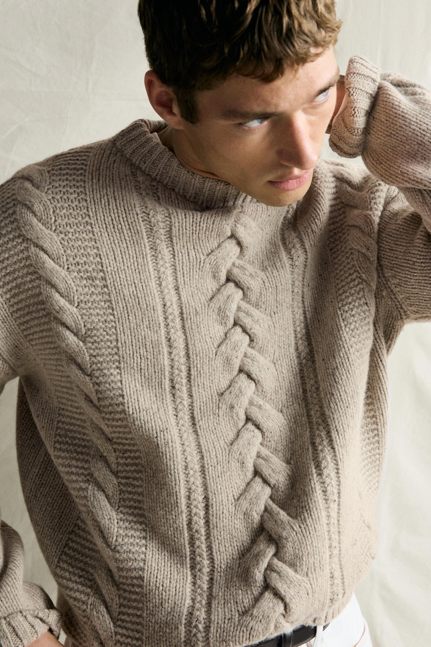 Мужской свитер Zara 100% Wool Cable-Knit Botonato Jumper, цвет: Песочный / Меланжевый — фото 6