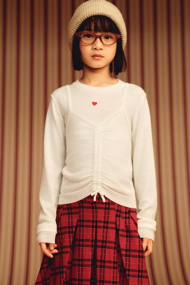 Zara 雙層針織刺繡愛心針織衫 - 白色