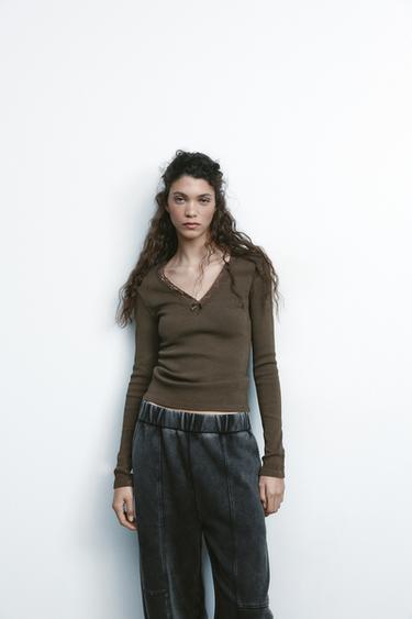 T-SHIRT CÔTELÉ DENTELLE EFFET DÉLAVÉ - Marron de Zara - Image 1