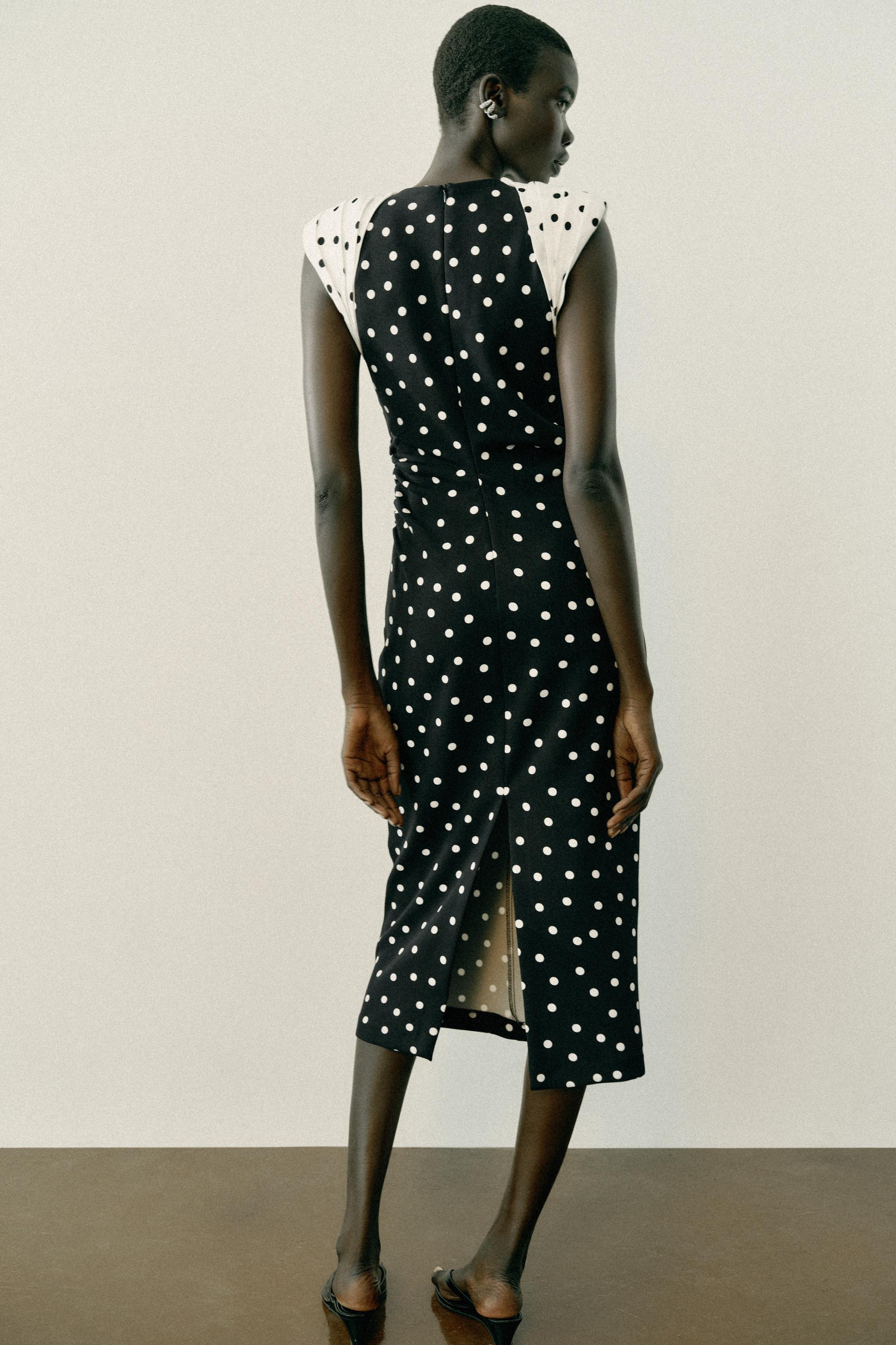 POLKA DOT MIDI DRESS WITH SHOULDER PADS
