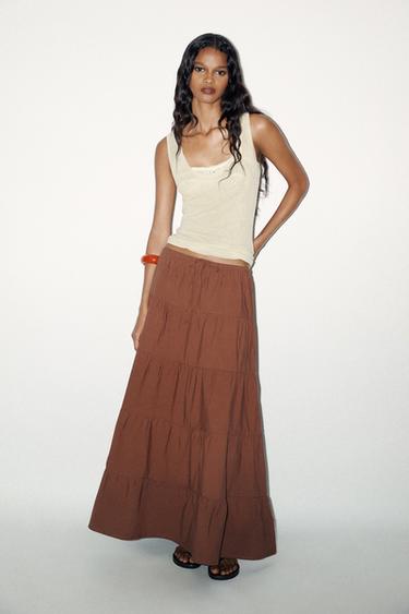 Zara TIERED MAXI SKIRT - Chocolate brown