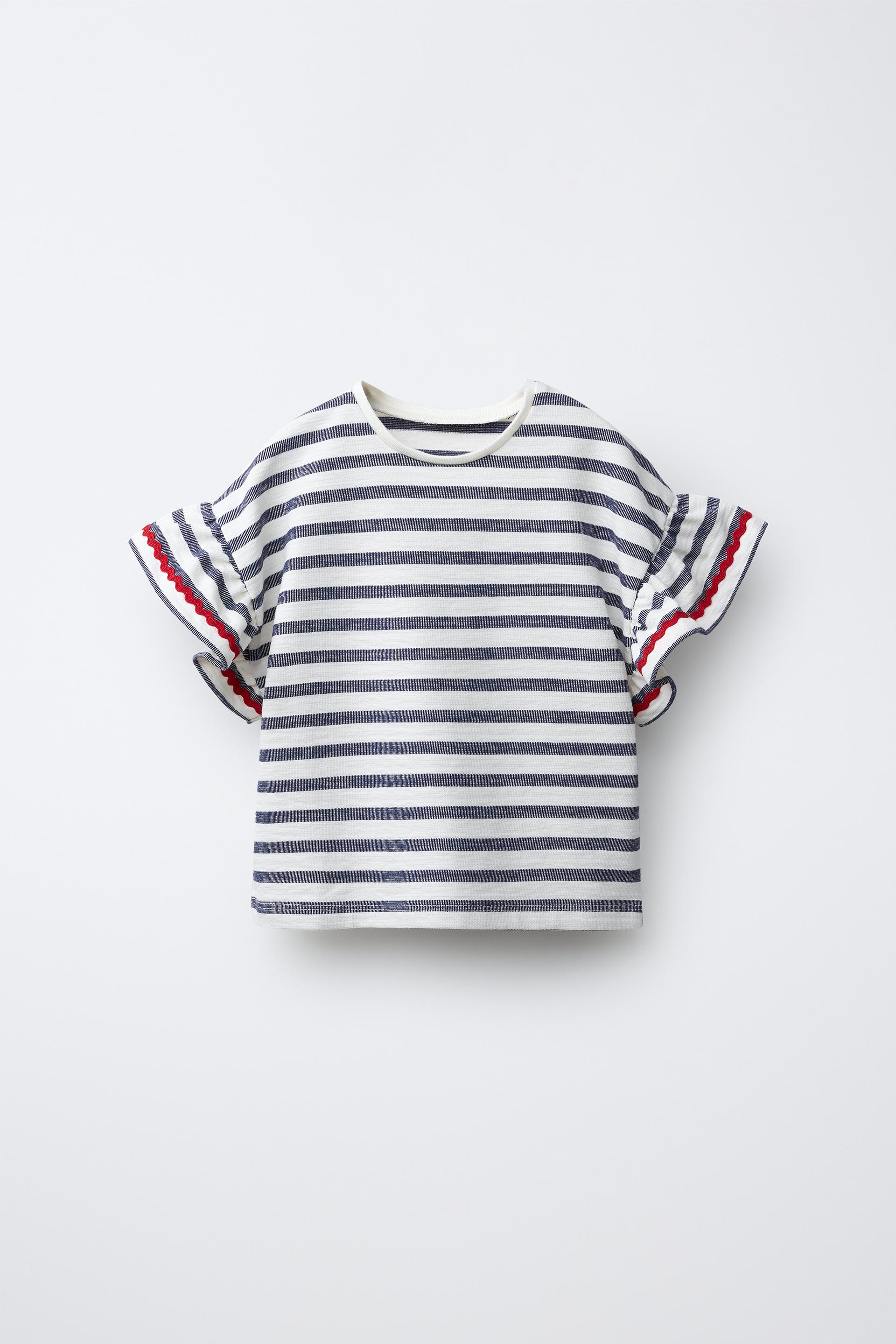 Woven Striped T-Shirt With Ruffle Trim
