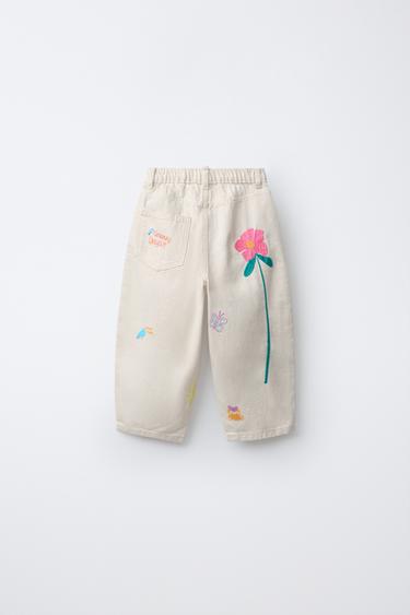 PANTALÓN SARGA BARREL BORDADOS - Crudo de Zara