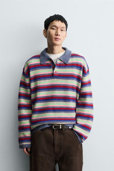 Zara JACQUARD STRIPED KNIT POLO SHIRT - Multicolored