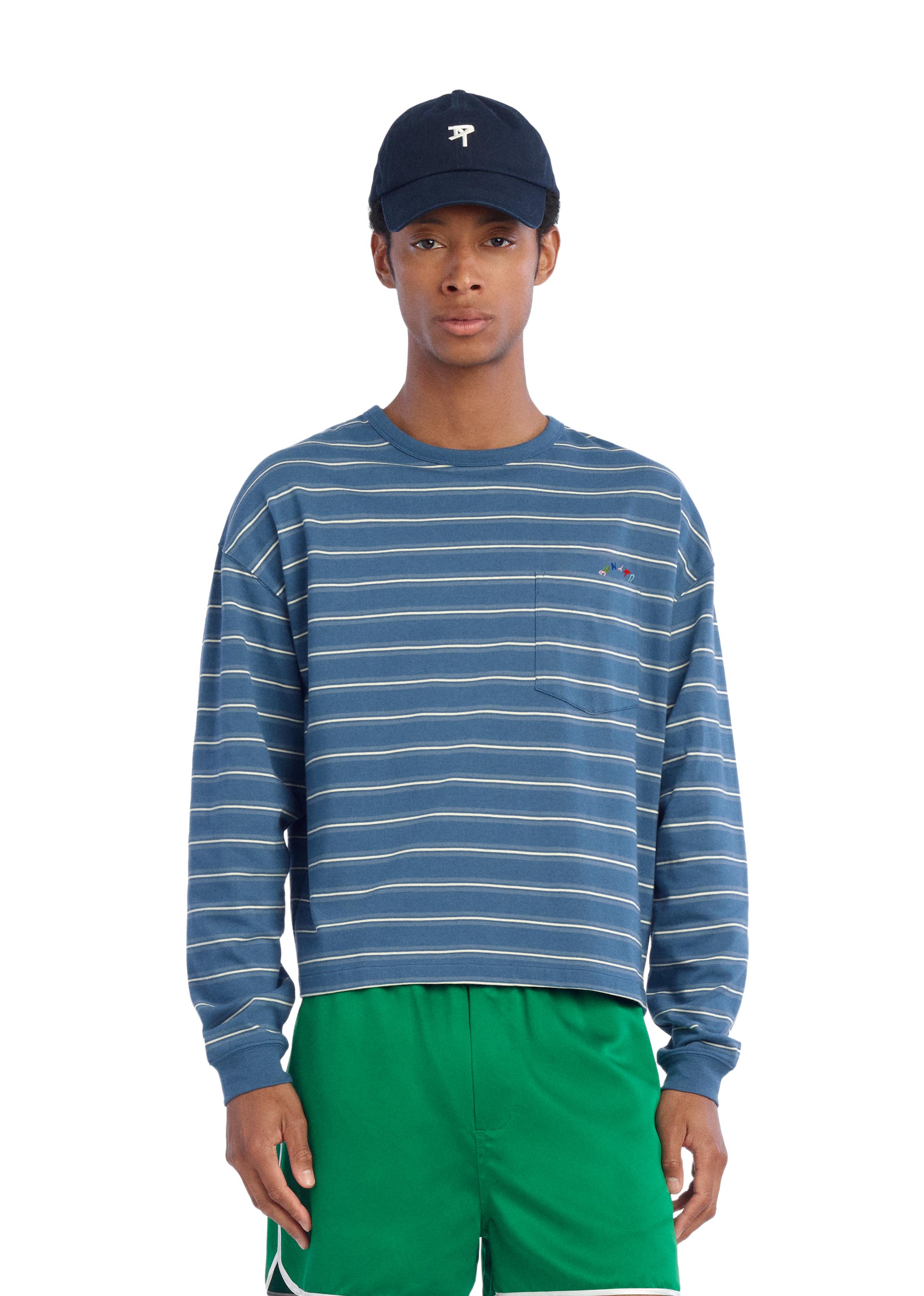 EMBROIDERED STRIPED POCKET T-SHIRT — Blues