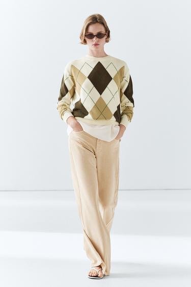 Zara 100% cotton knit sweater with Argyle detail - Ecru - Image 0