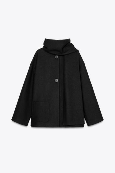 Zara WOOL SCARF COAT - Black