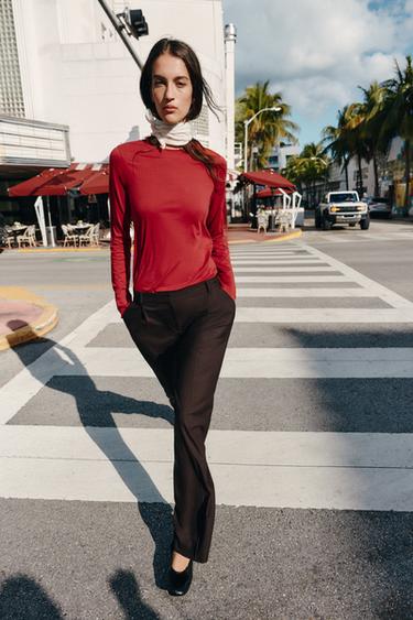 COTTON LONG SLEEVE T-SHIRT - Dark red by Zara