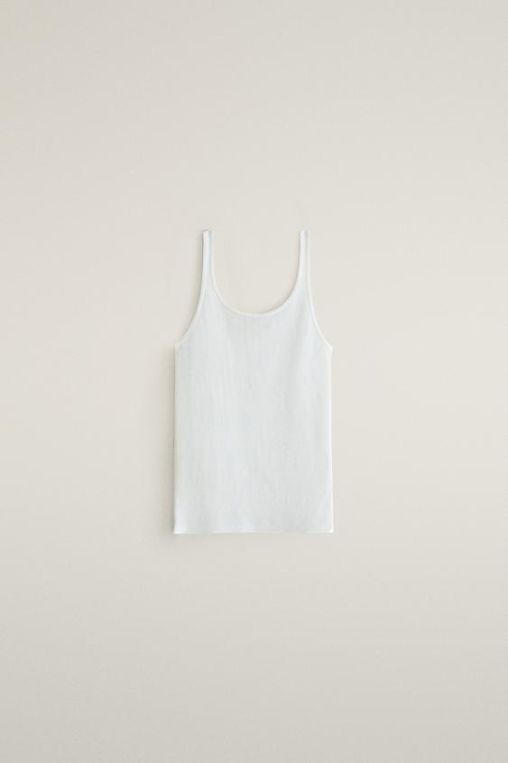 Zara RIB COTTON STRAPPY TOP - White - Image 0