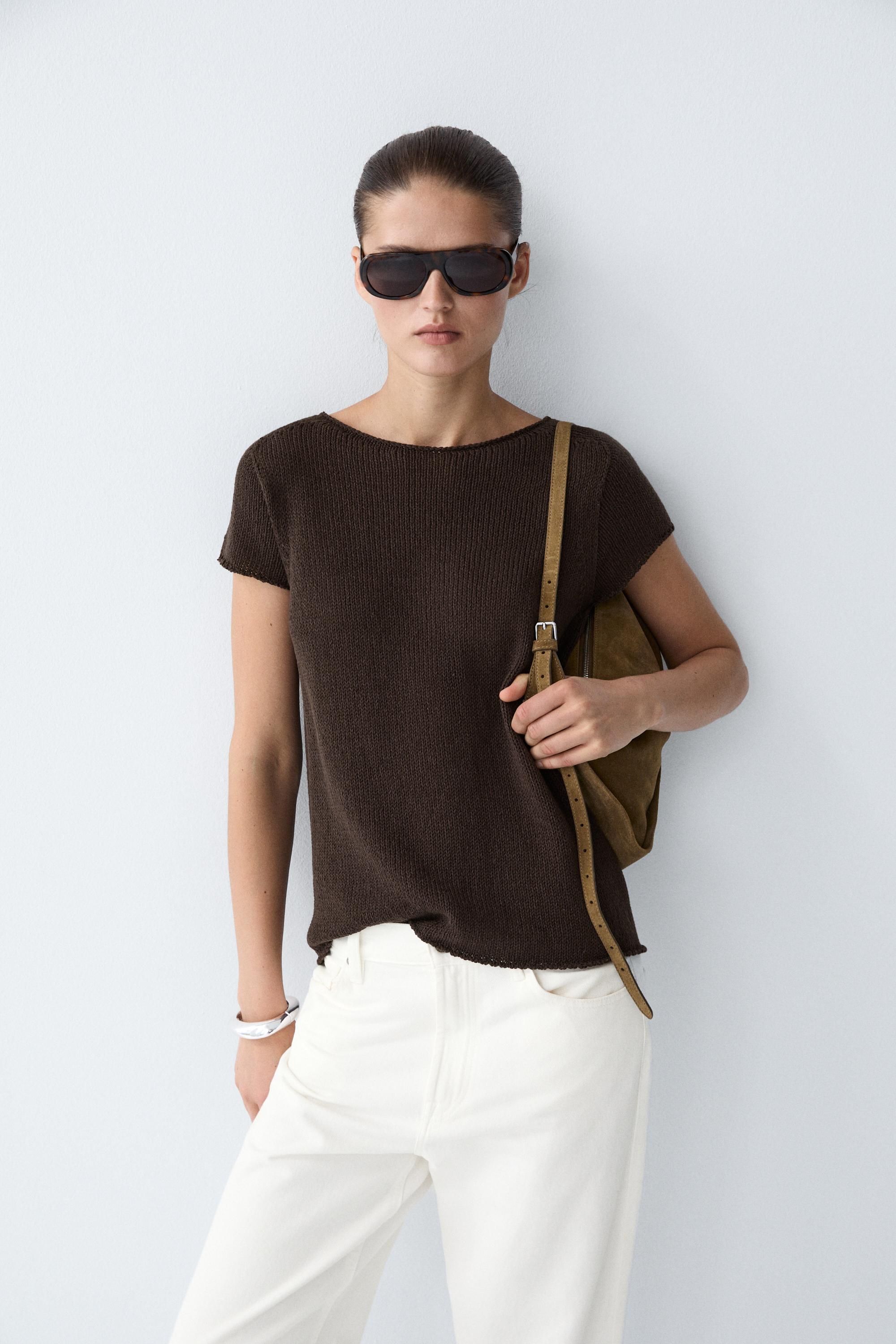 Cotton blend short sleeve knit sweater — Chocolate