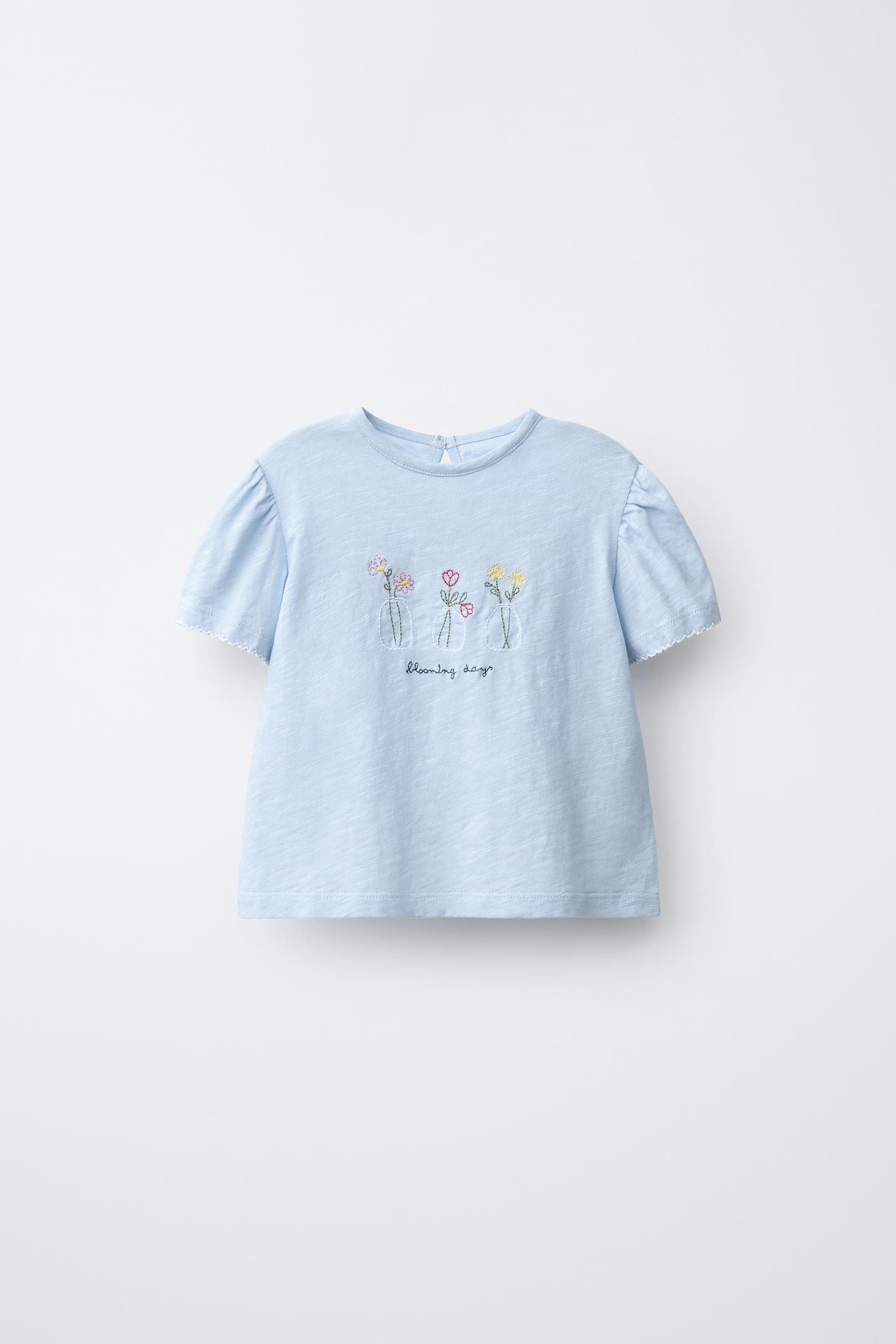 Детская футболка Zara Floral Embroidered, цвет: Голубоватый