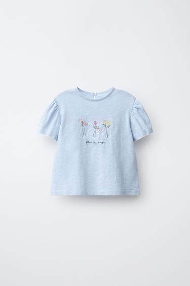 Zara FLORAL EMBROIDERED T-SHIRT - Bluish