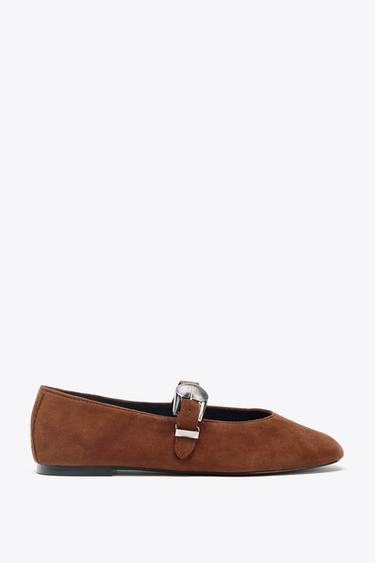 Zara BUCKLE SUEDE MARY JANES - Brick