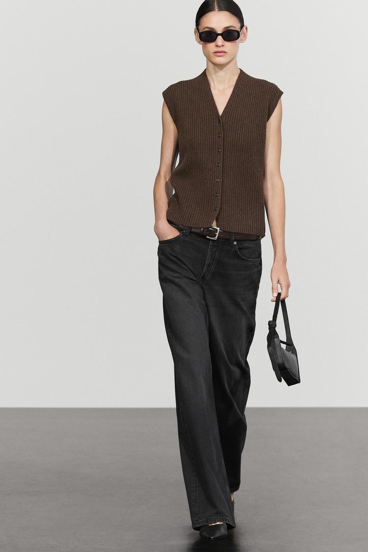 100% wool ribbed knit vest — Brown marl