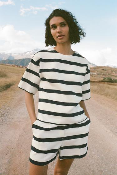 Zara SHORT SLEEVE STRIPE TOP - White / Navy